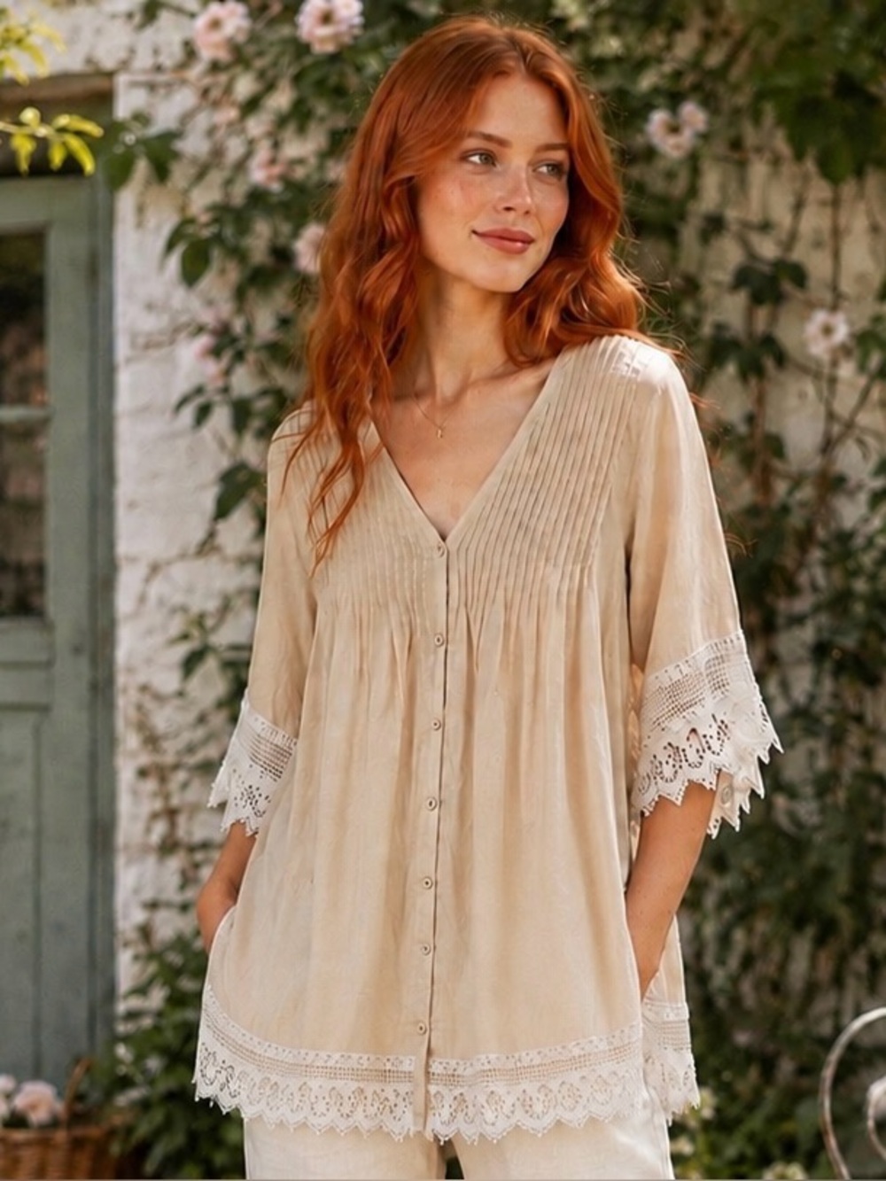 Beige & Cream Lace Trim V-Neck Button Front Shirt CottageCore NEW! 100% Cotton